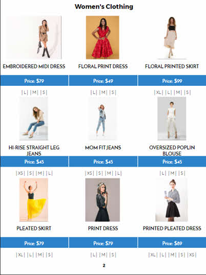 Catalog page with product images, sizes and prices