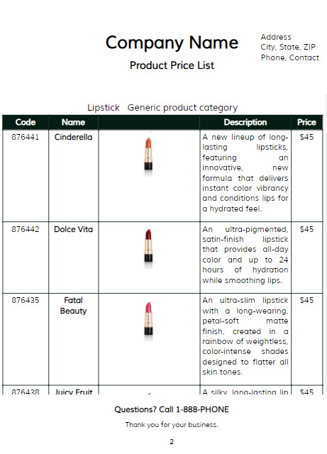 Price list with product variants