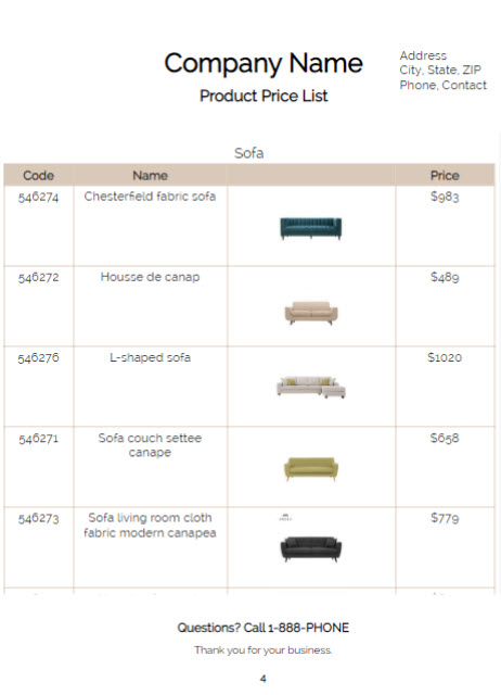 Retail price list layout