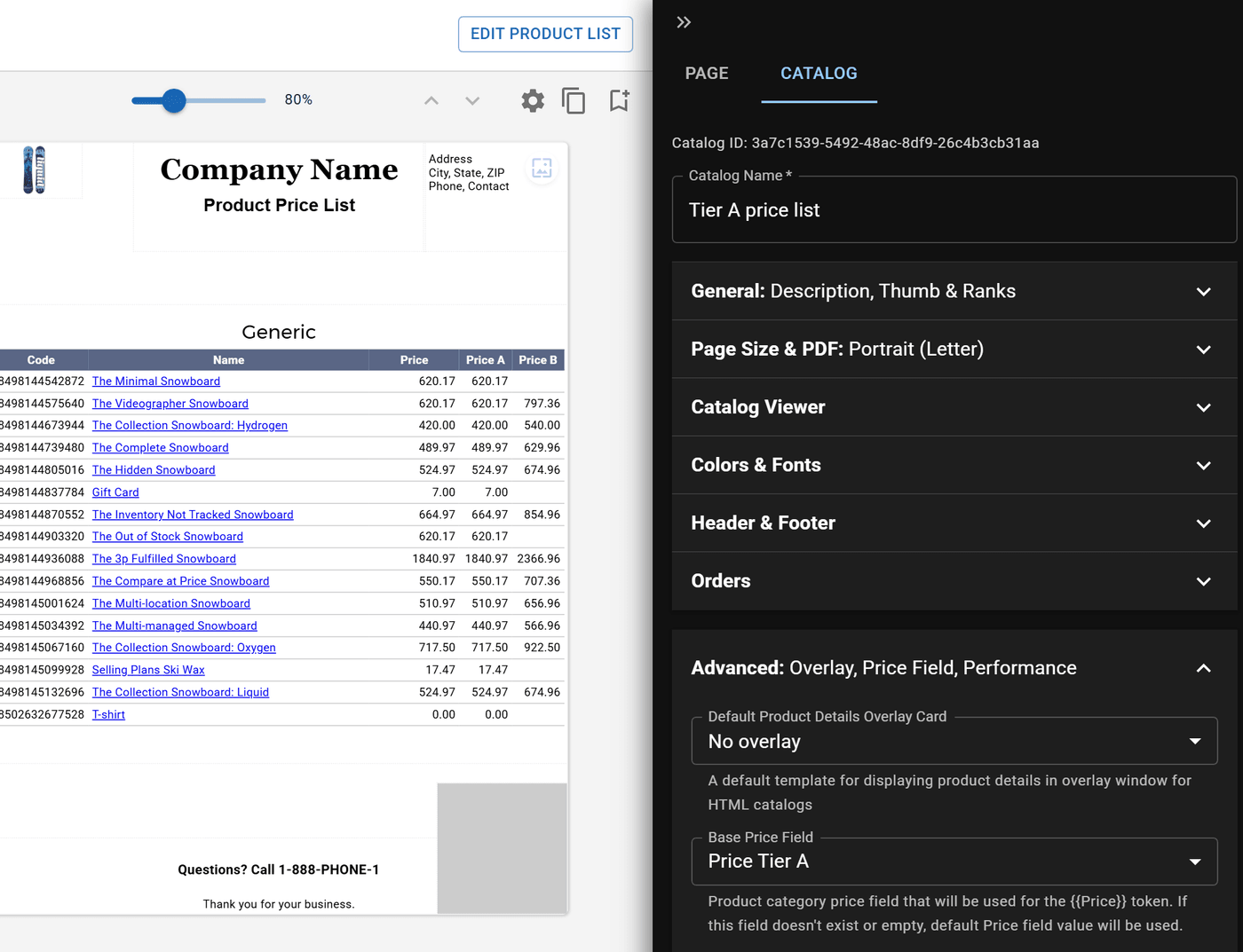 Catalog Settings with Base Price Field set to Price Tier A, next to a price list with Price, Price A and Price B columns