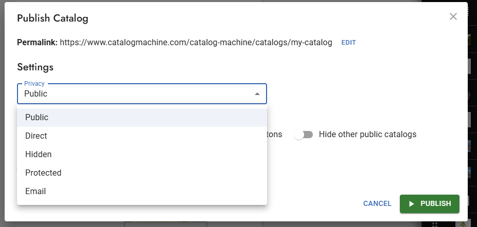 The Publish Catalog dialog with the Privacy menu open: Public, Direct, Hidden, Protected and Email