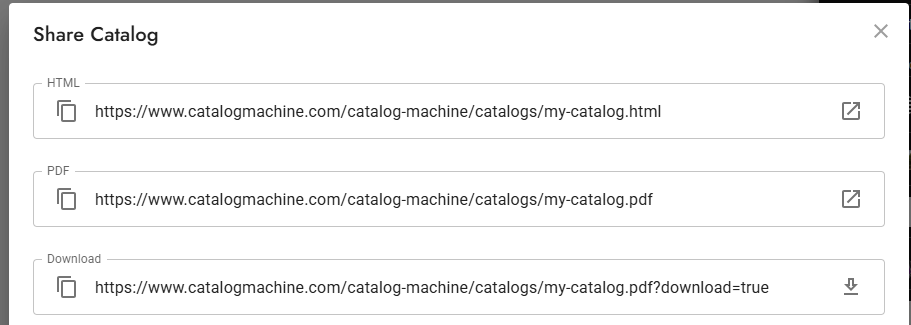 The Share dialog with the HTML link, the PDF link and the PDF download link